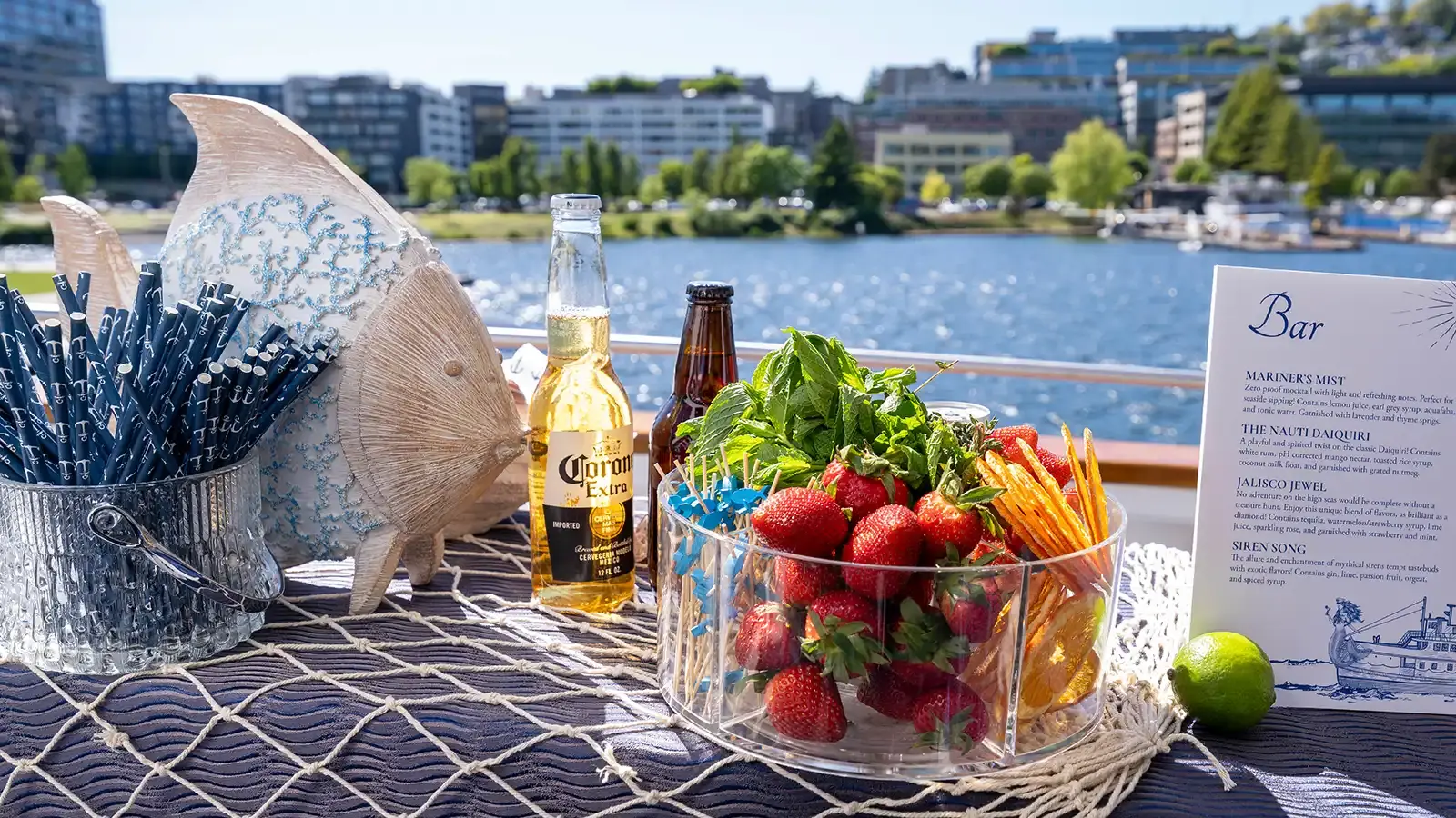 A bar set up on the steamship Virginia V on a beautiful sunny day on Lake Union in Seattle